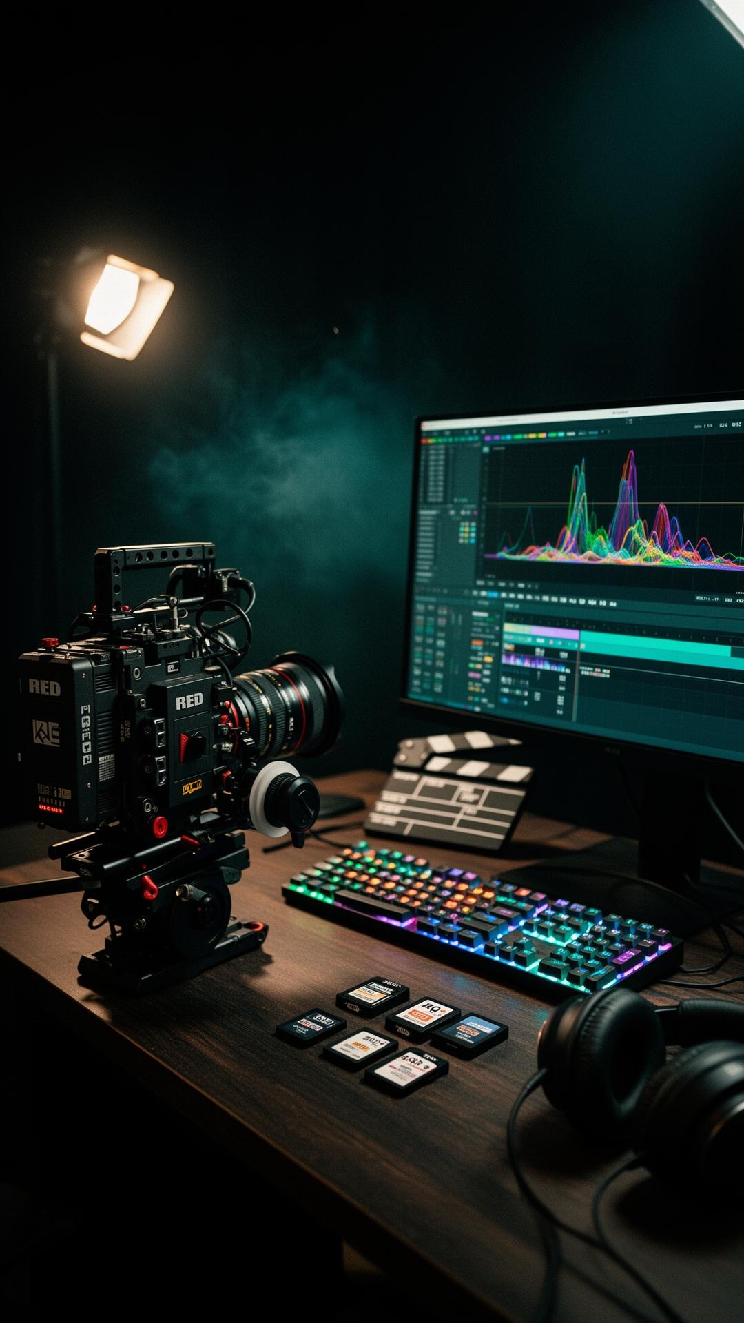 Setup cinematográfico de filmmaker — câmera, monitor de edição e lentes